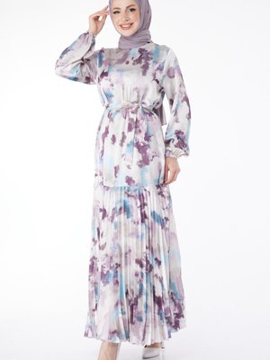 Düz Bisiklet Yaka Lila Eteği Pilise Detaylı Desenli Abiye Elbise