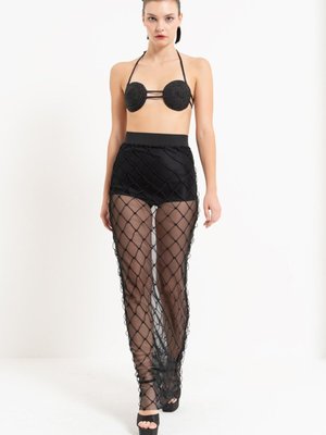 Siyah Bel Lastikli Fileli Uzun Tül Etek