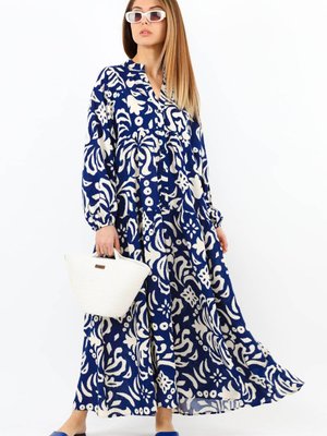 Prive Showy Lacivert Krem Maksi Boy Önden Düğmeli Katlı Yazlık Uzun Elbise