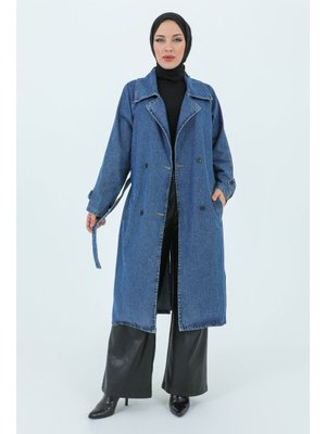 Mavi Kolu Apolet Detaylı Beli Kuşaklı Kot Kap