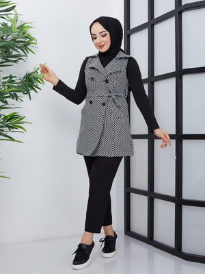Aishe Kuşaklı Yelek Siyah Beyaz
