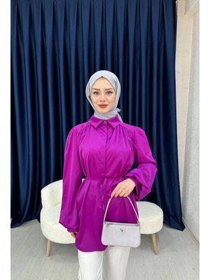 Fuşya Balon Kol Saten Gömlek Fuşya Balon Kol Saten Gömlek