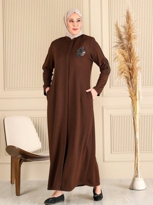 Kahverengi Buyuk Beden Kislik Tesettur Pardesu Tam Boy