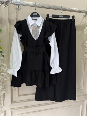 Kadın Pamuklu Fırfırlı 4'lü Kombin Gömlek Yelek Pantolon Kemer Tesettür Takım