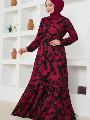 Bordo Desenli Kemerli Helen Elbise Bordo Desenli Kemerli Helen Elbise