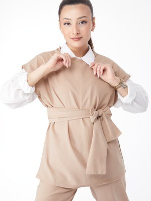 Bej Bisiklet Yaka Kısa Kollu İkili Takım