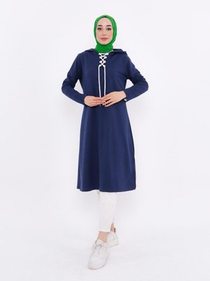 Kapüşonlu Uzun Sweatshirt Koyu İndigo