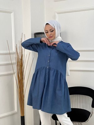 Doğal Kumaşlı Düğmeli Tunik Koyu Mavi