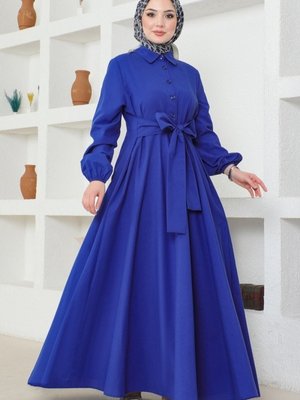 Saks Kuşaklı Terikoton Elbise