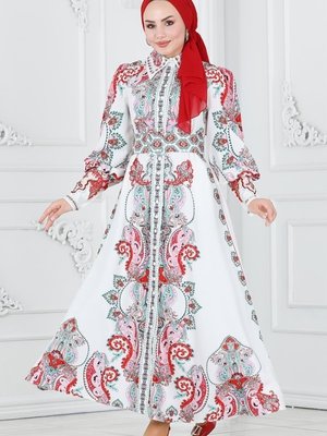 Nar Çiçeği & Ekru Önden Düğmeli Atlas Elbise