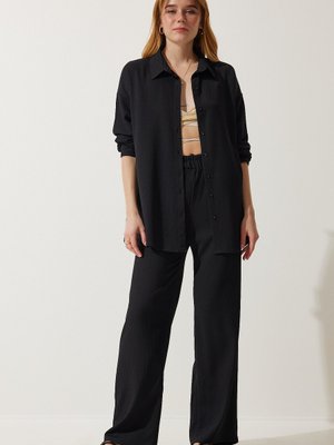 Siyah Rahat Örme Gömlek Pantolon Takım