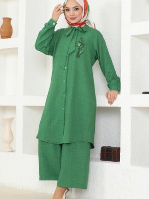 Yeşil Fular Yakalı Keten Takım