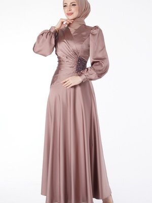 Vızon Saten Pileli Sol Yanı Boncuklu Abiye Elbise