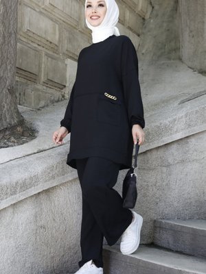 Sıyah Zincir Detaylı Tunik Pantolon İkili Takım