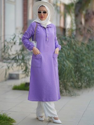 Göğüs Düğmeli Cepli Çan Uzun Tunik Lila