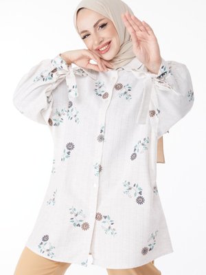 Düz Bebe Yaka Kahve Bilek Bağcık Detaylı Desenli Tunik