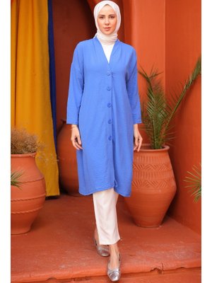 Saks Mavisi Düğmeli Hırka