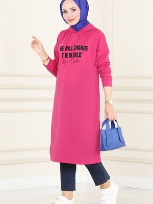 Fuşya Yazı Baskılı Spor Tunik