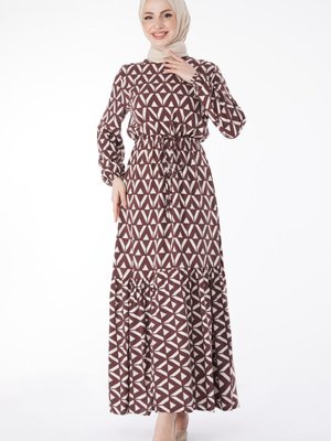 Düz Bisiklet Yaka Kahve Beli Bağcıklı Desenli Spor Elbise Düz Bisiklet Yaka Kahve Beli Bağcıklı Desenli Spor Elbise