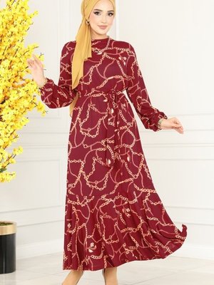 Bordo Zincir Desenli Helen Elbise Bordo Zincir Desenli Helen Elbise