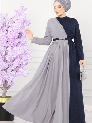 Gri & Lacivert Çift Renkli Kemerli Elbise