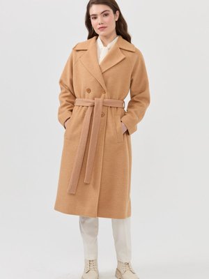 Beli Kuşaklı Kruvaze Kaban Camel