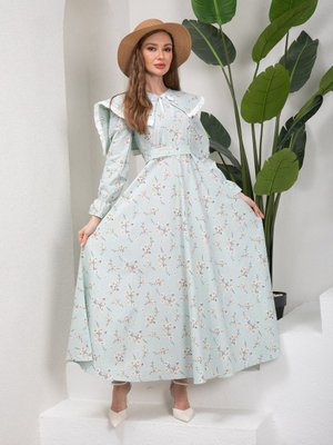 Bahar Dalı Su Yeşili Seyyar Yakalı Kloş Elbise Bahar Dalı Su Yeşili Seyyar Yakalı Kloş Elbise