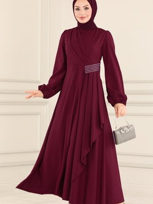 Bordo Beli Drapeli Elbise Bordo Beli Drapeli Elbise