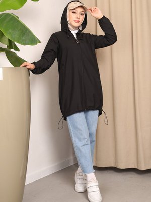 Siyah Kapşonlu Fermuarlı Kap