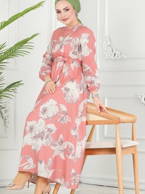 Somon Çiçek Desenli Keten Elbise Somon Çiçek Desenli Keten Elbise