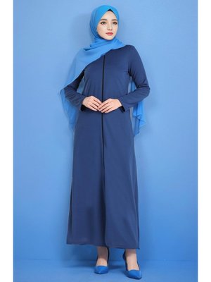 İndigo Sıfır Yaka Fermuarlı Ferace İndigo Sıfır Yaka Fermuarlı Ferace