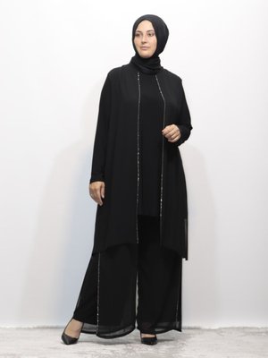 Büyük Beden Taşlı Astarlı Şifon Tunik Pantolon İkili Abiye Takım