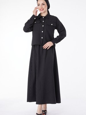 Düz Gömlek Yaka Siyah Çizgili Bolero+etek Takım