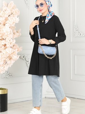 Siyah Pat Detaylı Terikoton Tunik
