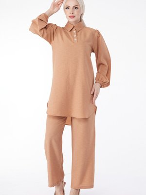 Düz Gömlek Yaka Taba Balon Kollu İnci Düğmeli İkili Takım