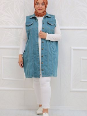 Büyük Beden Düğmeli Kot Yelek Soğuk Mavi