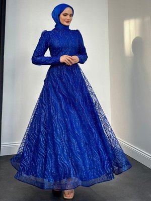 Lokko Simli Abiye Elbise Saks Mavisi