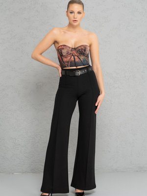 Siyah Kemerli Krep Pantolon