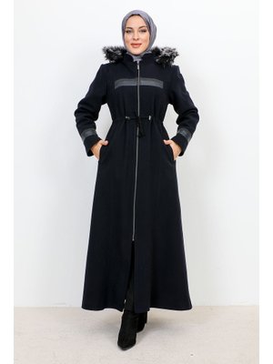 Lacivert Deri Detaylı Boydan Fermuarlı Kaşe Kaban Lacivert Deri Detaylı Boydan Fermuarlı Kaşe Kaban