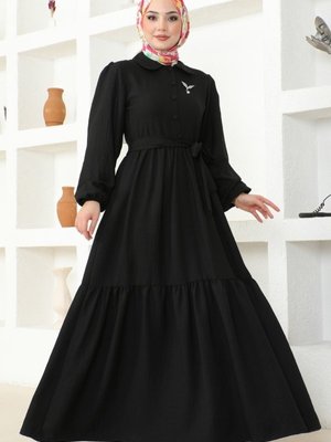 Siyah Eteği Fırfırlı Tesettür Elbise
