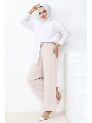 Bej Meva Kemerli Bol Paça Pantolon