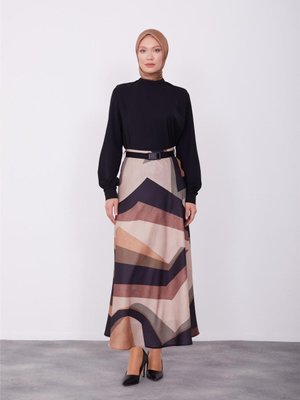 Desenli Hafif Kloş Etek Bej