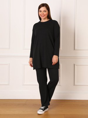 Büyük Beden Tunik & Pantolon Kaşkorse İkili Takım Koyu Antrasit