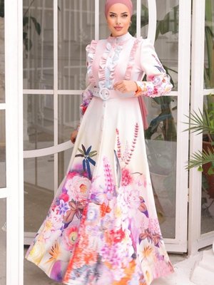 Pudra Sual Göğsü Fırfırlı Atlas Elbise