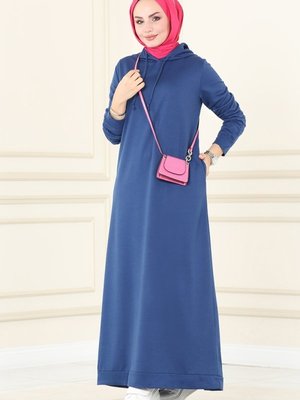 İndigo Kapüşonlu Spor Elbise