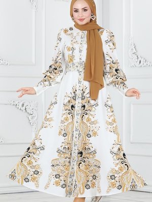 Hardal & Ekru Önden Düğmeli Atlas Elbise