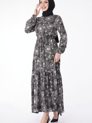 Düz Bisiklet Yaka Siyah Beyaz Beli Bağcıklı Desenli Spor Elbise