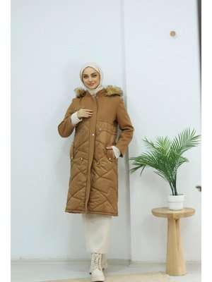 Kahverengi Kapüşonu Kürklü Kapitoneli Kaban Kahverengi Kapüşonu Kürklü Kapitoneli Kaban