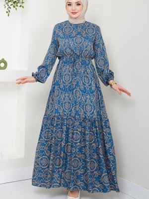 Etnik Desenli Viskon Elbise Petrol