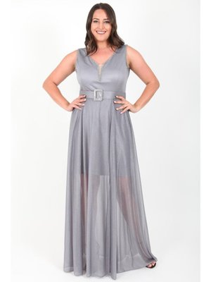 Büyük Beden Gümüş Uzun Abiye Elbise